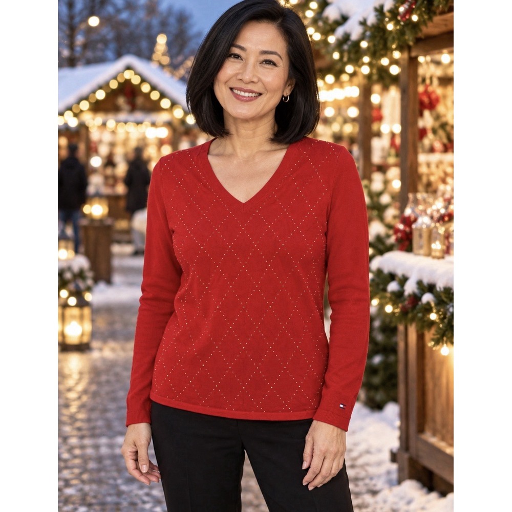Tommy Hilfiger Women's Sweater Large. Red with Gold embellishment. Knit V-neck.